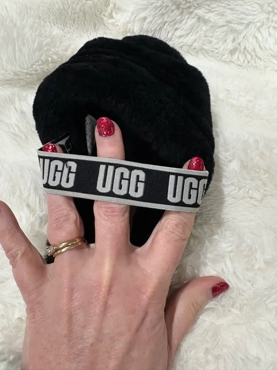 UGG Black Plush Slide Sandals with Branded Elastic Heel - Picture 5 of 8